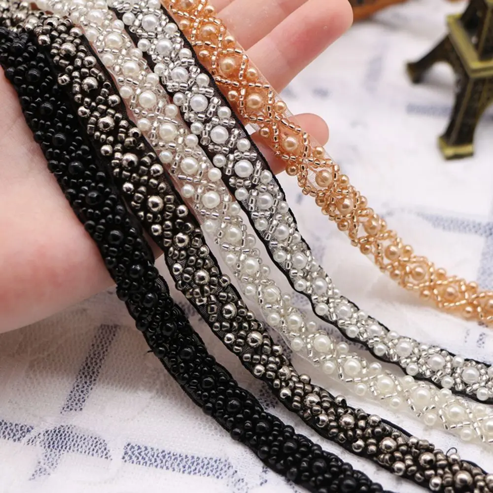 Embroidered Craft DIY Sewing Accessories Pearl Bridal Applique Lace Trim Dress Decor Ribbon Beaded