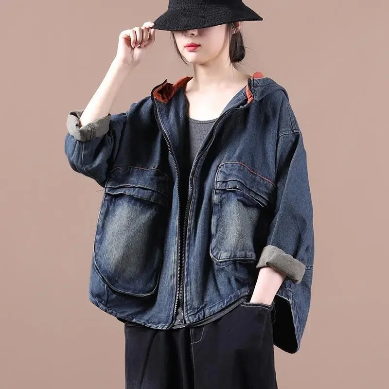 Spring Autumn Women's Wear New Loose Art Hooded Denim Outwear Short Coat Women's Fashion INS Spring Top Women Long Sleeve Coat