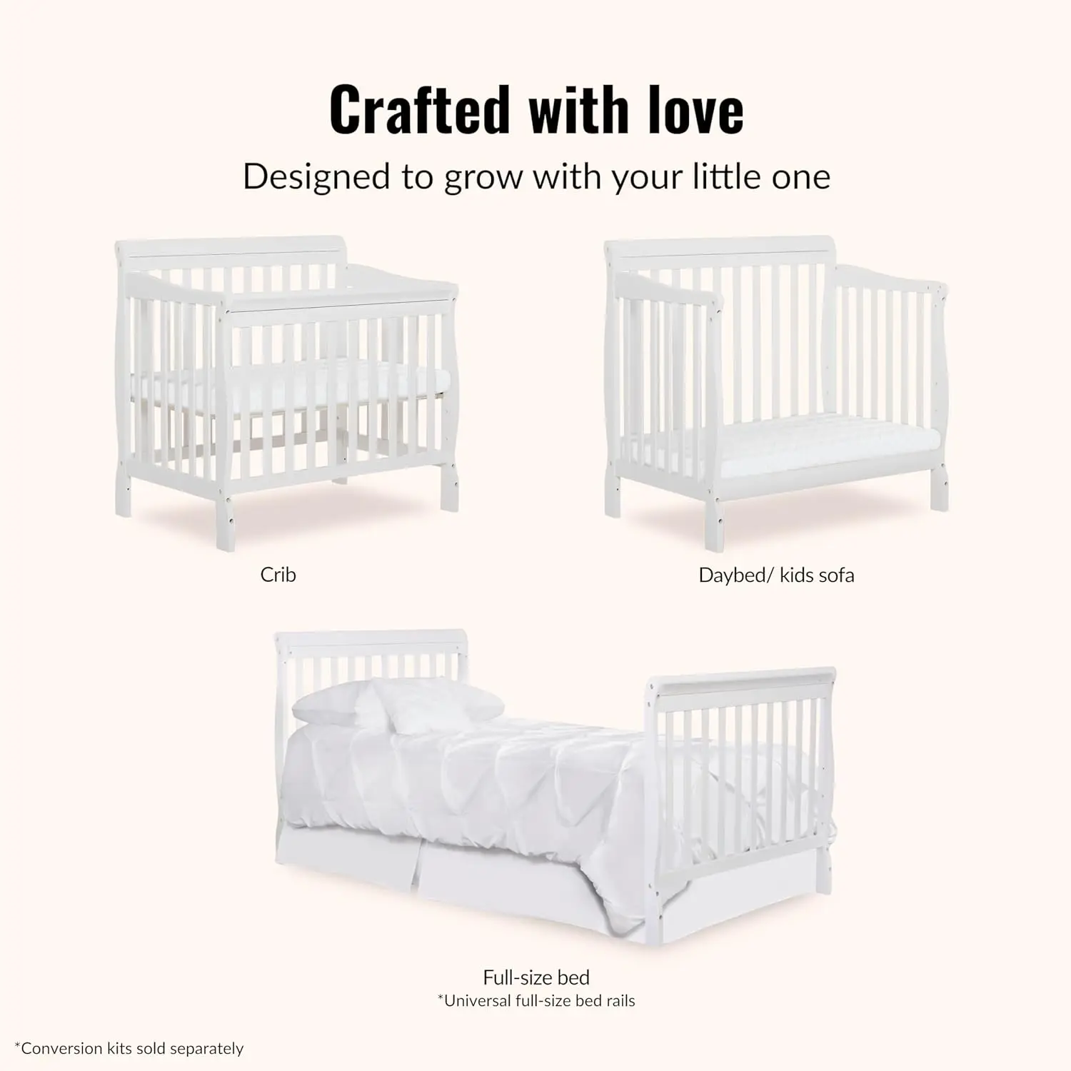 Aden 4-in-1 Convertible Mini Baby Crib in White, GreenGuard Gold & JPMA, Sustainable Pinewood, Non-Toxic Finish, 3 Mattress