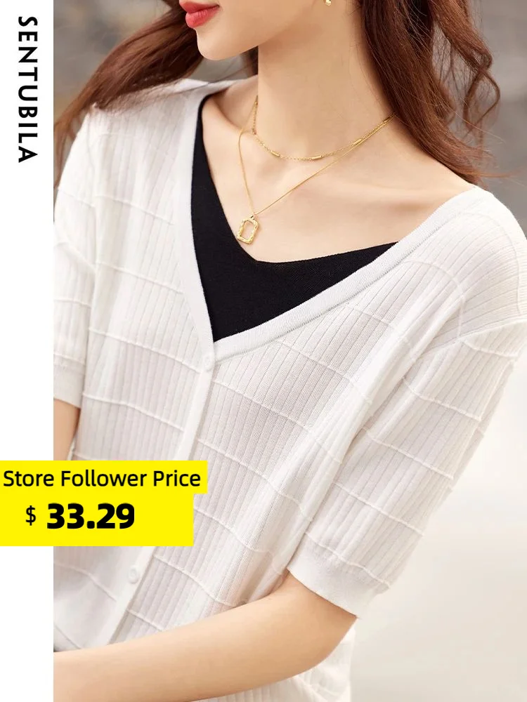 

Sentubila Patchwork Knitted Tops Women's T Shirt 2023 Summer Fashion V-Neck Ladies Short Sleeve Elegant Straight Tees