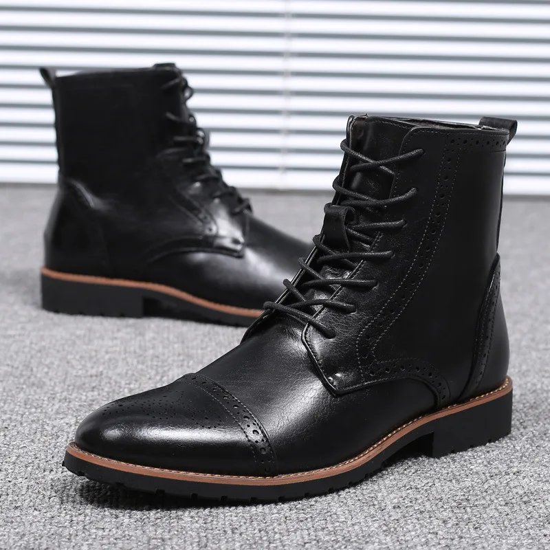 

Men's Leather Boots Pop Retro Pointed Toe High Top Leather Shoes Nice Autumn Winter Ankle Boots Men Martin Booties Plus Size 48