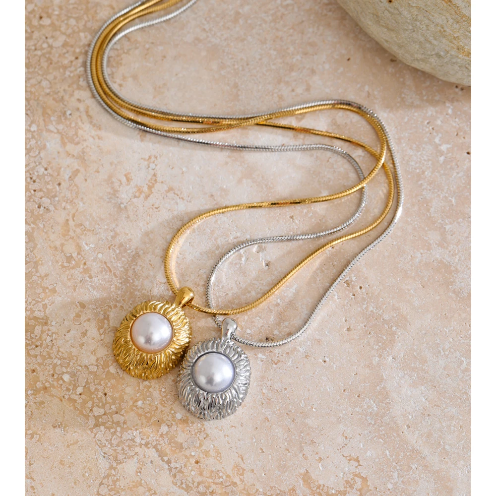 Yhpup Simulated Pearls Round Pendant Necklace Stainless Steel