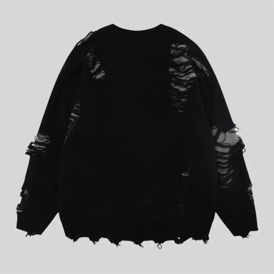 Torn Smooth Sweater Men Retro Ripped Hole Knitted Letter Plain Jumpers Men Streetwear Hip Hop Harajuku Punk Gothic Sweaters 3