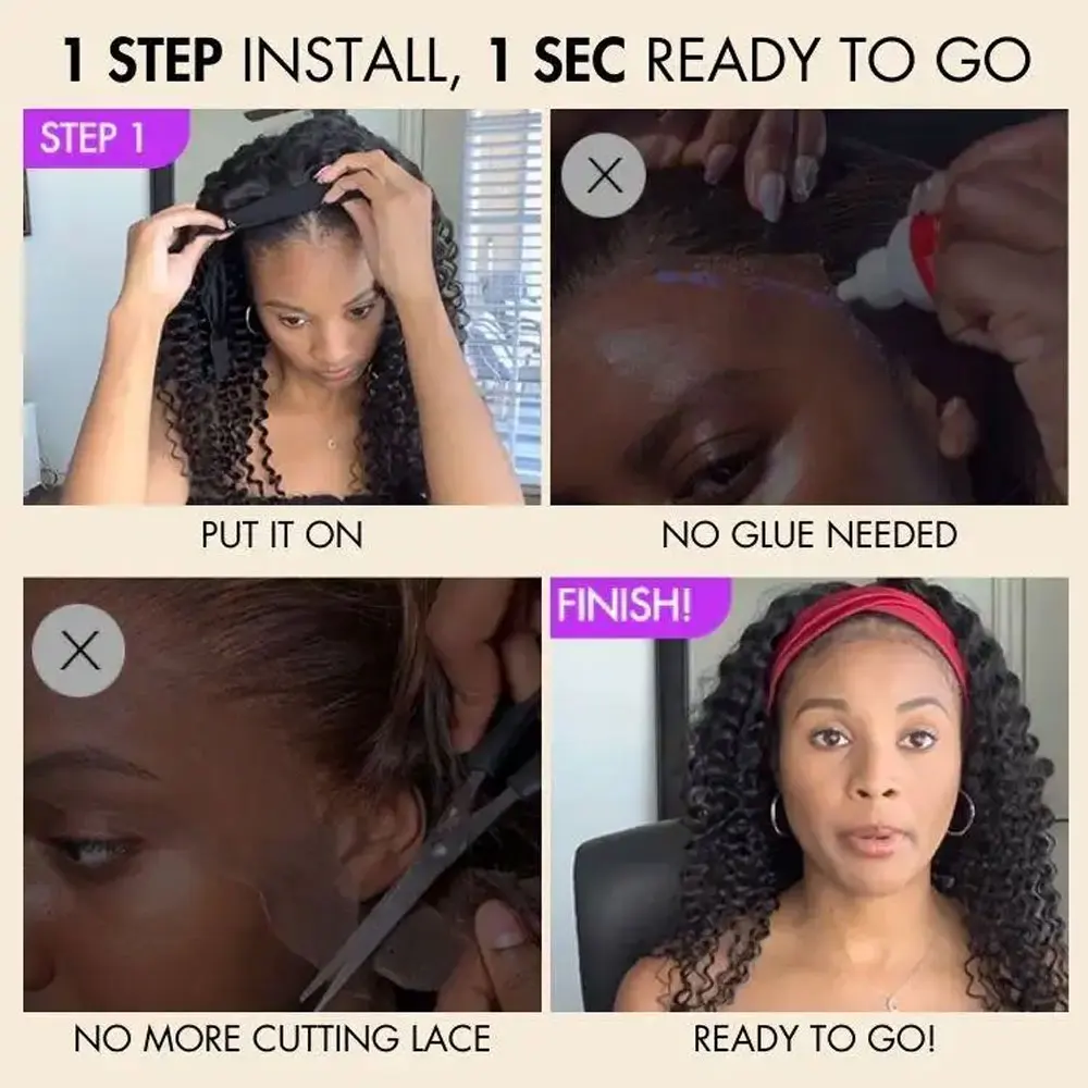 Curly Headband Wig 20 Inch Deep Wave Glueless Wigs Human Hair Put On And Go Wig 200% Density Deep Curly Wig Natural Color