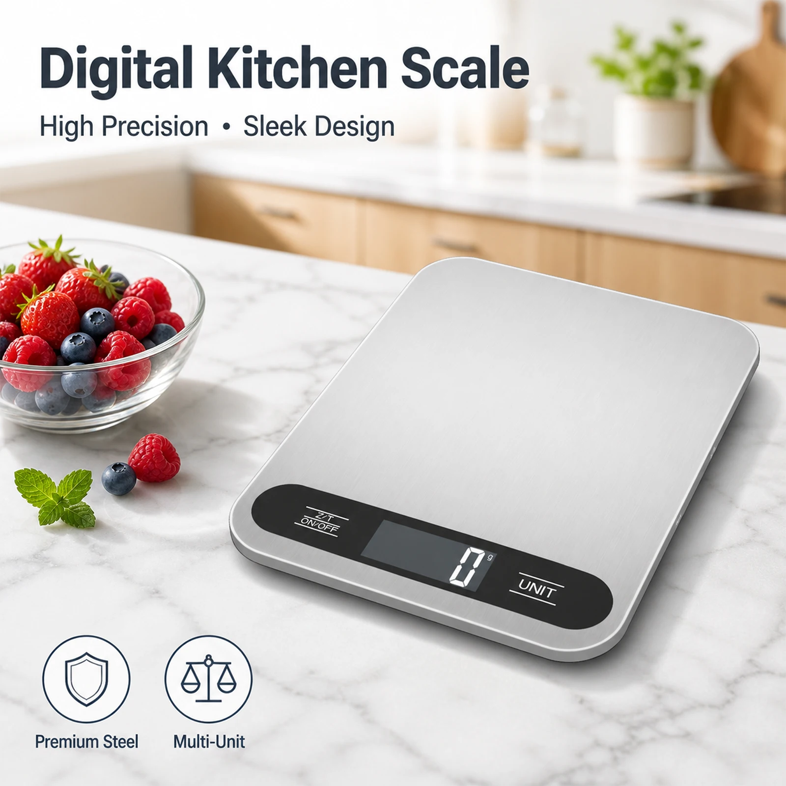 Ultra-Thin Stainless Steel Digital Kitchen Scale with LCD Display, 15kg Capacity