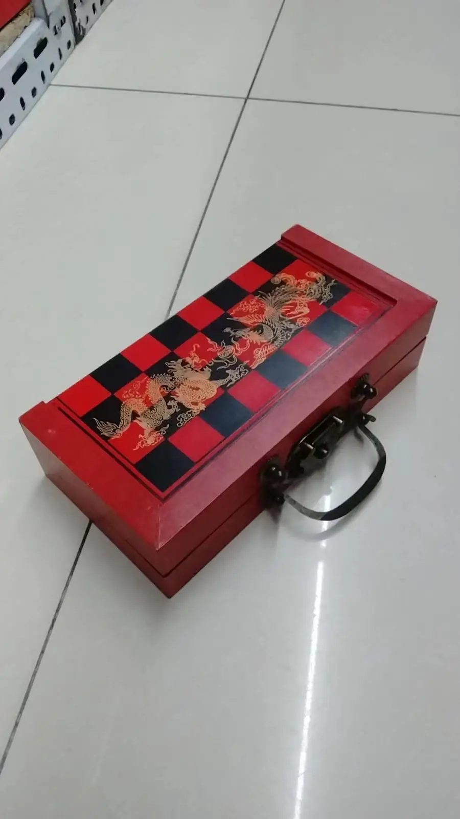 Rare Chinese Dragon wood Leather box with 32 Chess Set +Gift+  FREE SHIPPING 4