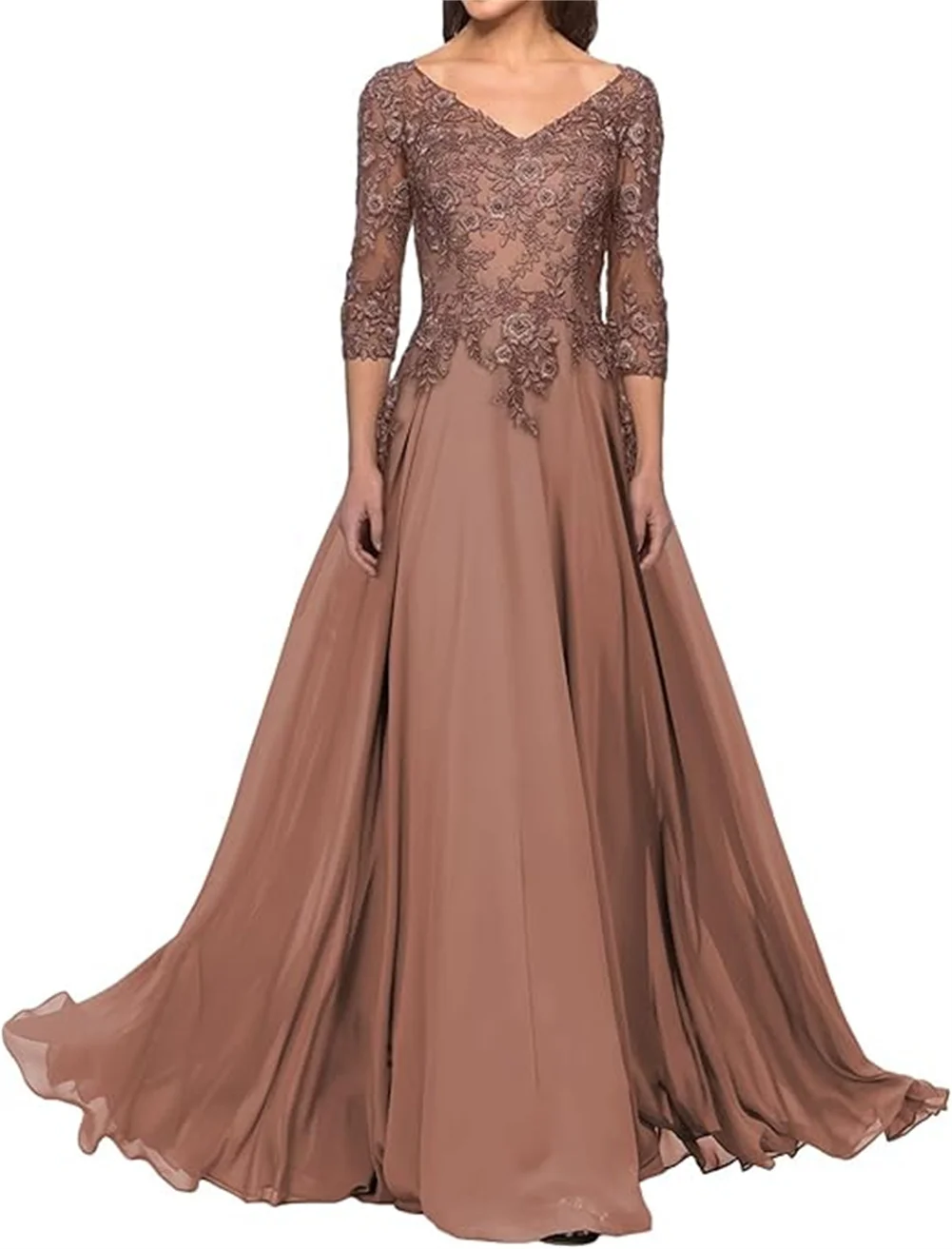 Mother Of The Bride Dresses Long Chiffon Evening Dress V Neck Lace Flowers Appliques Formal Party Gowns With Sleeves
