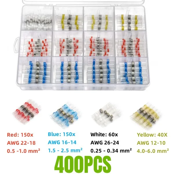 

400Pcs Insulated Waterproof Electrical Wire Connectors Heat Shrink Soldering Sleeve Solder Butt Terminals Assortment Kit