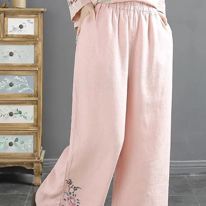 Literary and Artistic Chinese Style Retro Heavy Embroidery Women's Spring New Pocket Loose Cotton and Linen Straight Tube Pants
