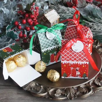 레드 그린 메리 크리스마스 스노우 하우스 종이 상자, 캔디 쿠키, 달콤한 포장, 파티 선물, DIY 사용, 10 개