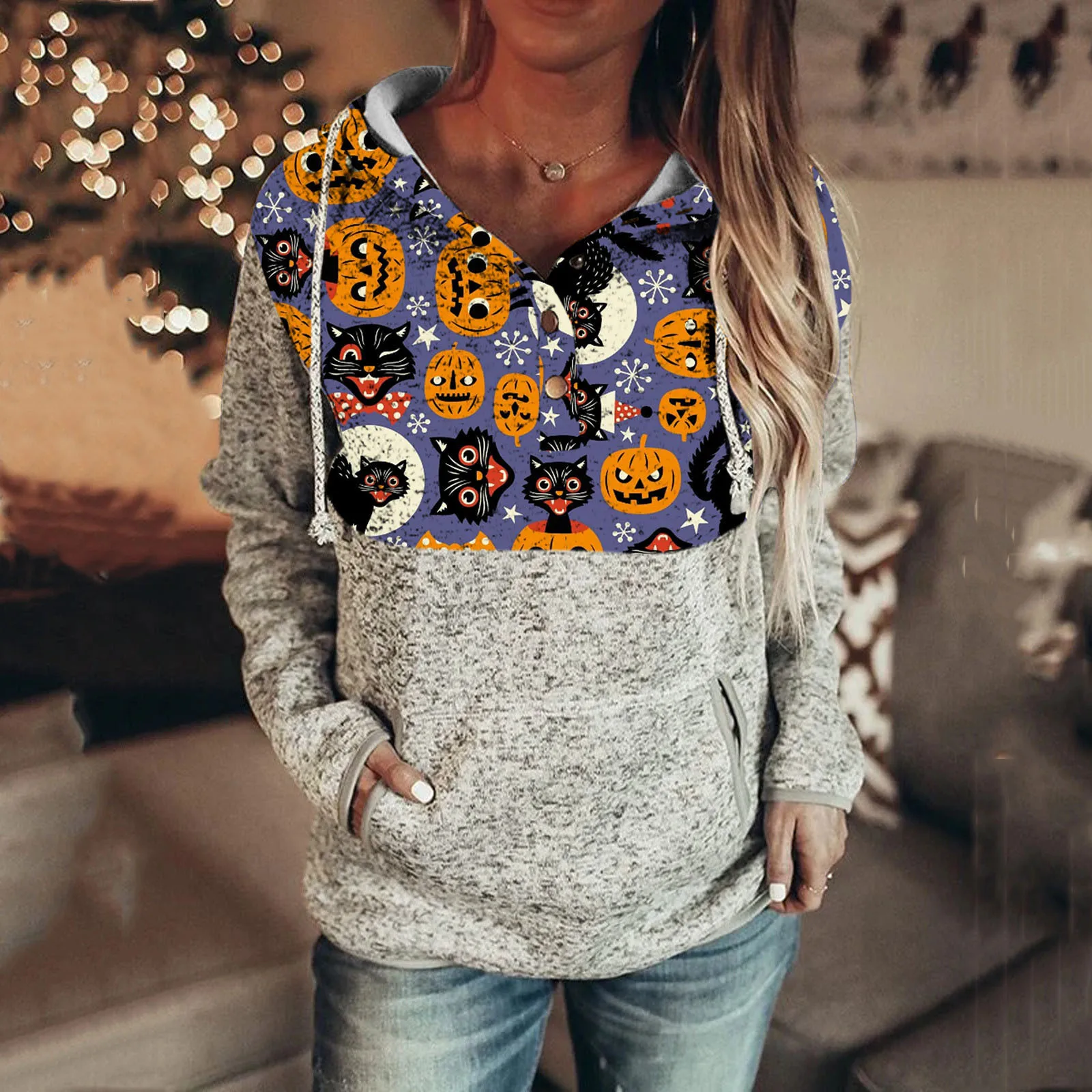 

Egirl Gothic casual Loose fit Women's Halloween Casual Crewneck sweatshirt Printed Loose Long Sleeve Stitching