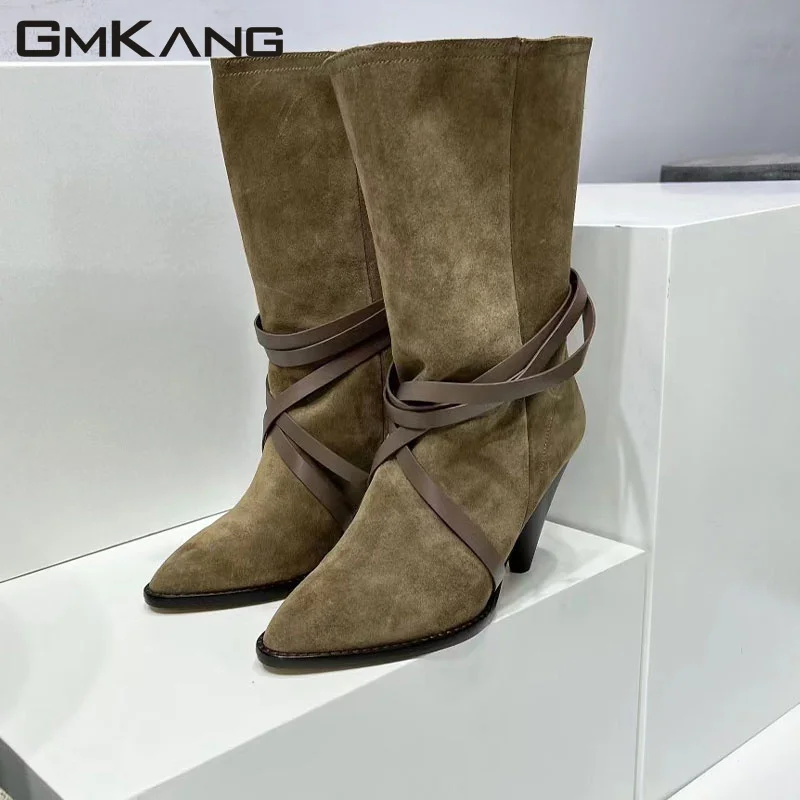 New High Heel Knee Length Short Boots Women's Cross Lacing Pointed Short Boots Women's High Quality Velvet Modern Long Boots Wom