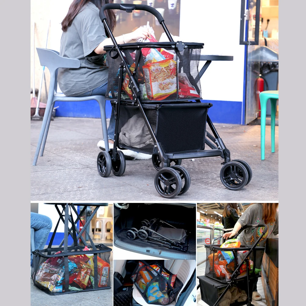 Foldable Shopping Cart with Wheels Dual-Layer Portable Folding Cart Removable Basket Personal Grocery Cart for Picnic Camping