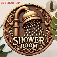 ป้ายห้องอาบน้ำแบบเรโทร 2 มิติ 1 ชิ้น - ป้ายไม้ทรงกลมพร้อมก๊อกน้ำสีทองและดีไซน์หยดน้ำ เหมาะสำหรับตกแต่งห้องน้ำ 1