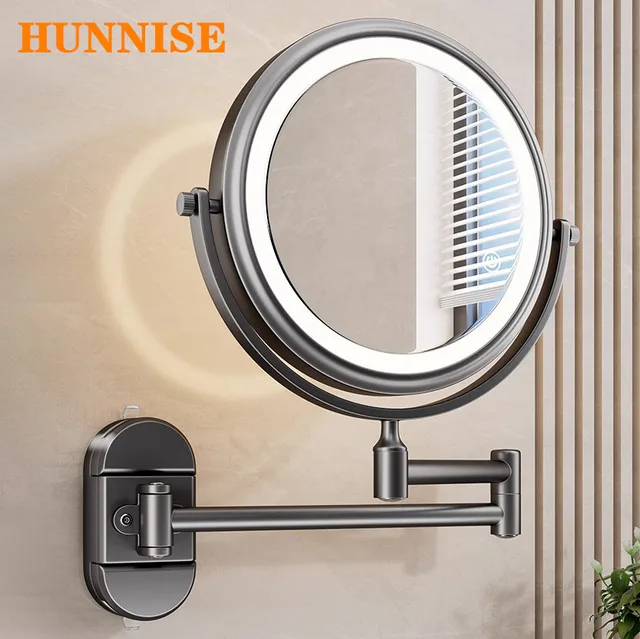 สีเทา Touch Led พับกระจกห้องน้ําการดูดซับ 3X แว่นขยายห้องน้ําแต่งหน้ากระจกอุปกรณ์เสริม Led Light Bath กระจก 1