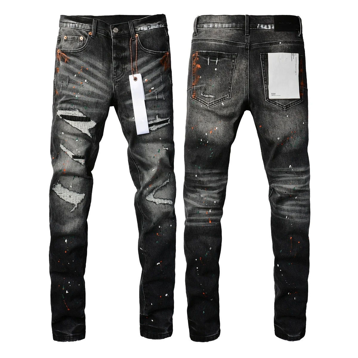 

2024 High-Quality Men's Denim Jeans Destroy Paint Faded Distressed Slim-FitMid Rise American High Street Black Ripped Patches