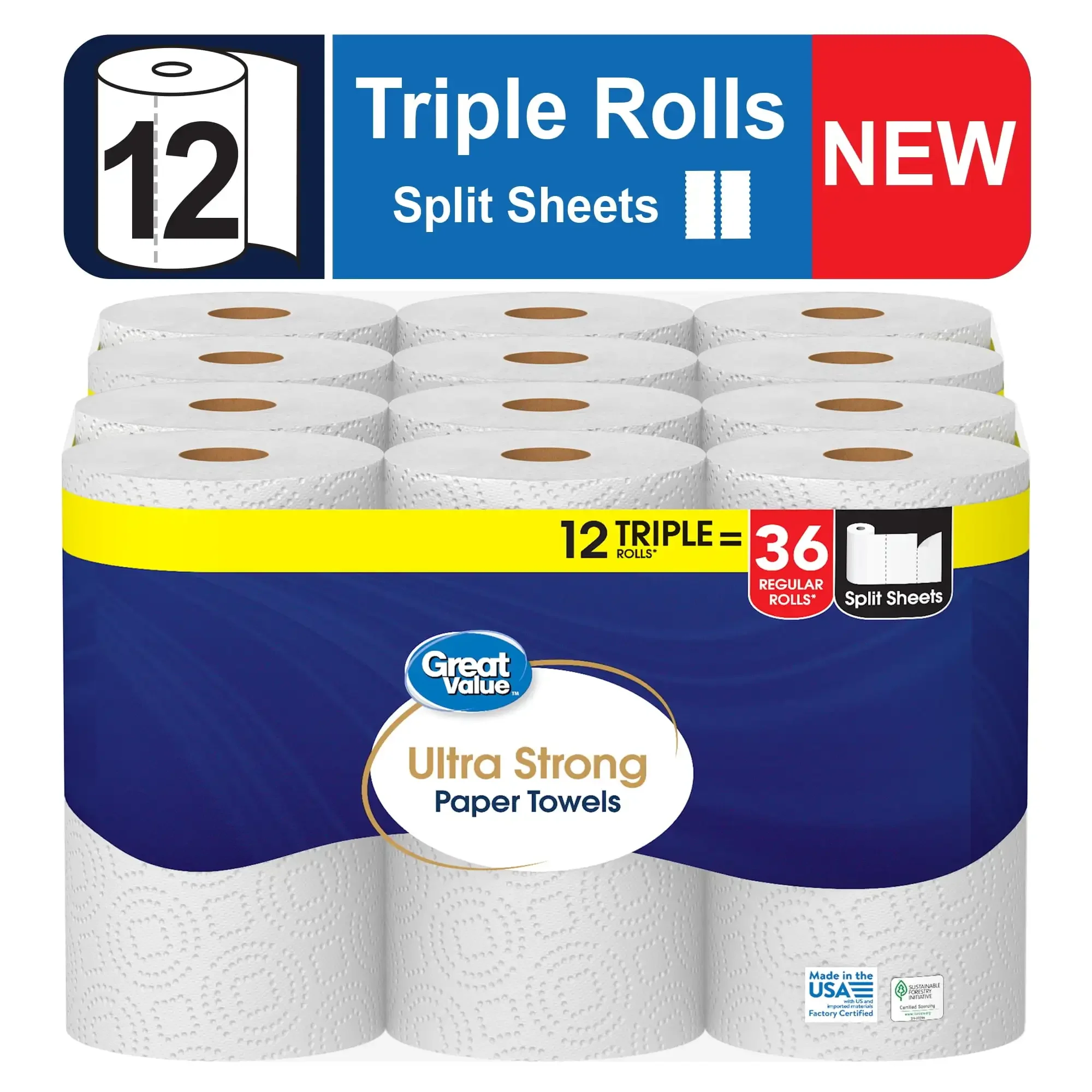 

Great Value Ultra Strong Paper Towels, White, 12 Triple Rolls
