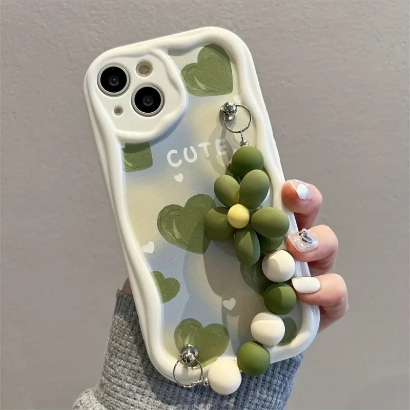 Green Heart Wavy-Edge Pattern Phone Case with Flower Bead Lanyard - Soft Cover
