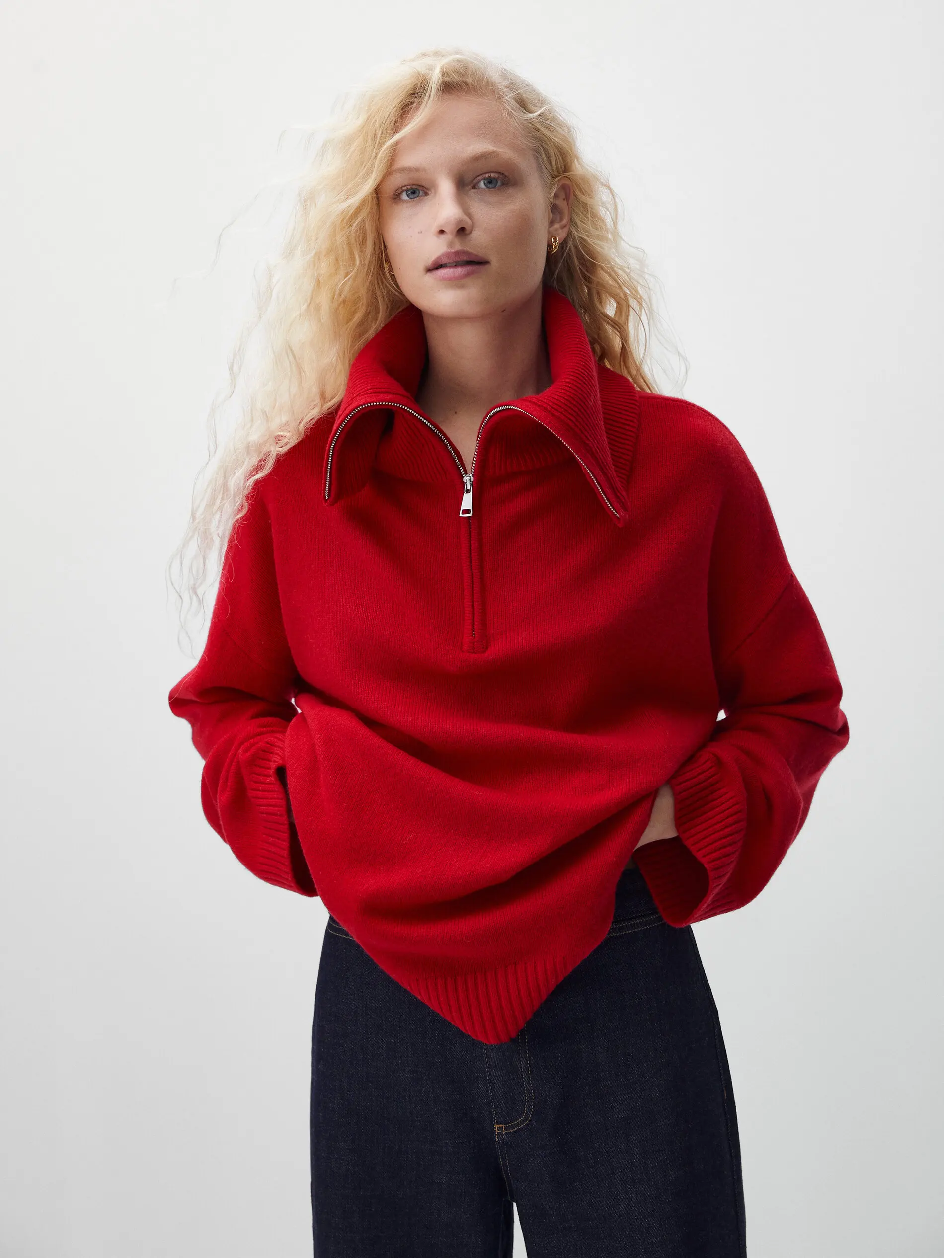 Zip Polo Sweater   Women's autumn casual shirt top womens cotton knitwear with zip-up POLO wide collar ribbed band sweaters Petite size tops for woman in red