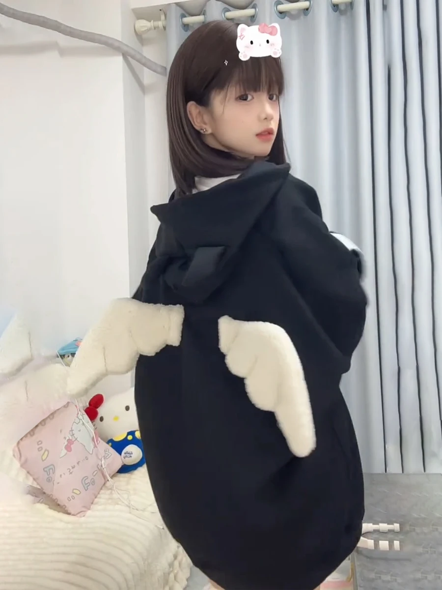 American Sle Sweet Angel Wings Sweatirt Women's Autumn Winter Loose High Street Embroidery Zipper Coat for Small Figures