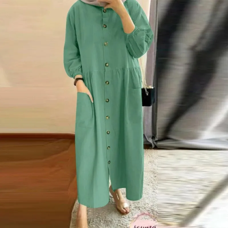 2025 Luxury Fashion Muslim Women's Retro Casual Cardigan with Pocket Bohemian Dress Round Neck Bubble Sleeves Loose Sun Skirt 6
