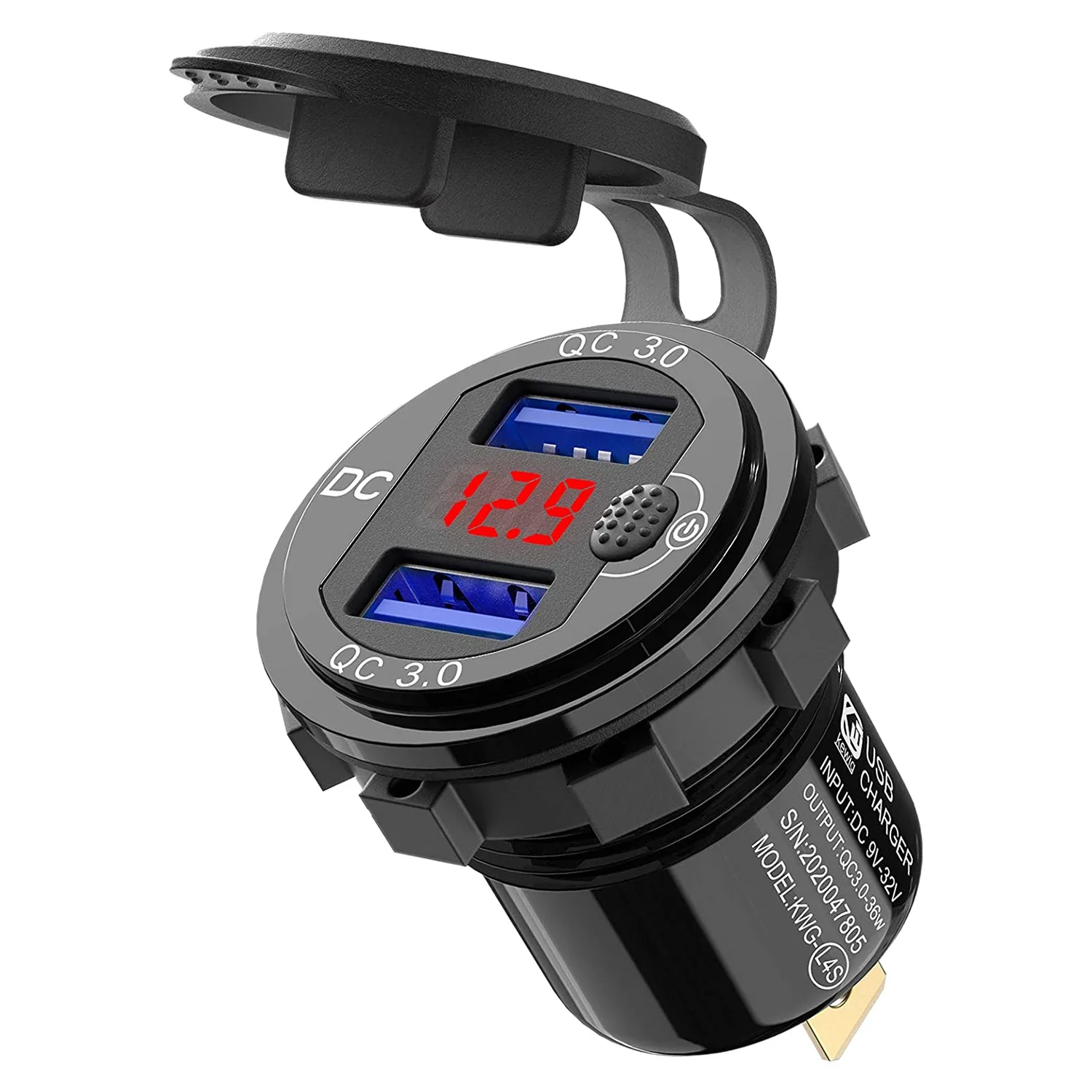 

Quick Charge 3.0 Dual 12V USB Car Charger, Aluminum Socket with Switch Button and Red Digital Voltmeter, Waterproof