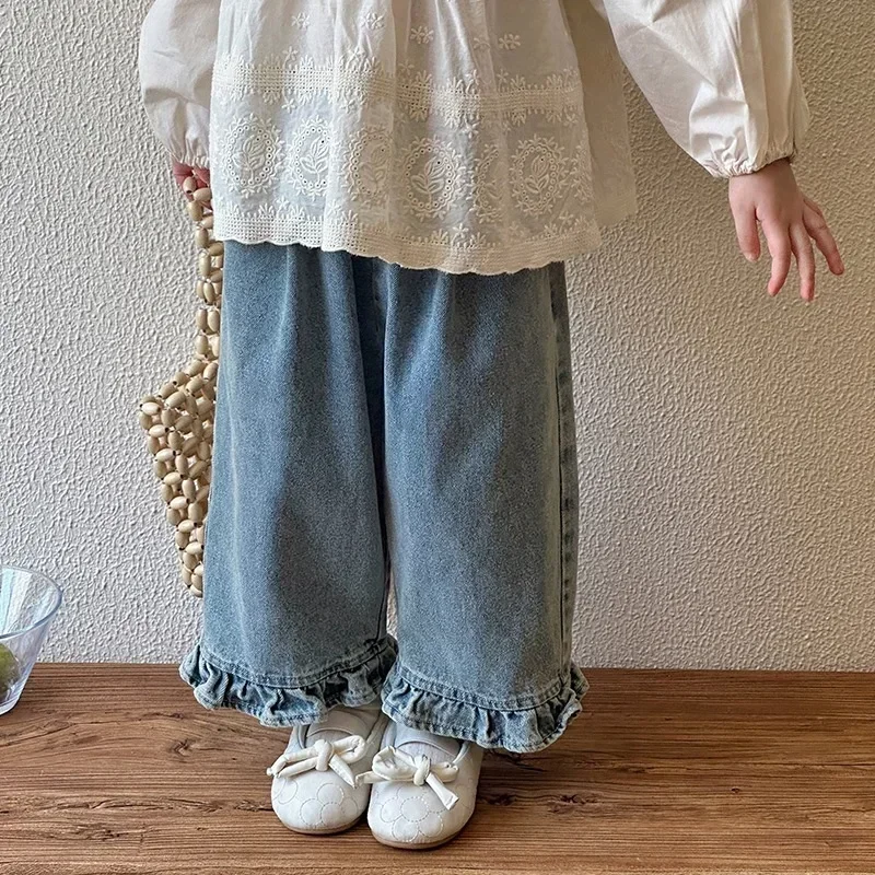 Kids Jeans Girls New 2024 Spring  Autumn Childrens Fashion Casual Wide-leg Pants Lace Princess Sweet and Lovely 6