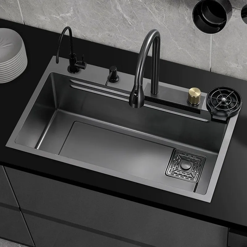 Multifunctional Stainless Steel Kitchen Sink Nano Flying Rain Waterfall Black Handmade Large Single Tank Vegetable Washing Basin 2