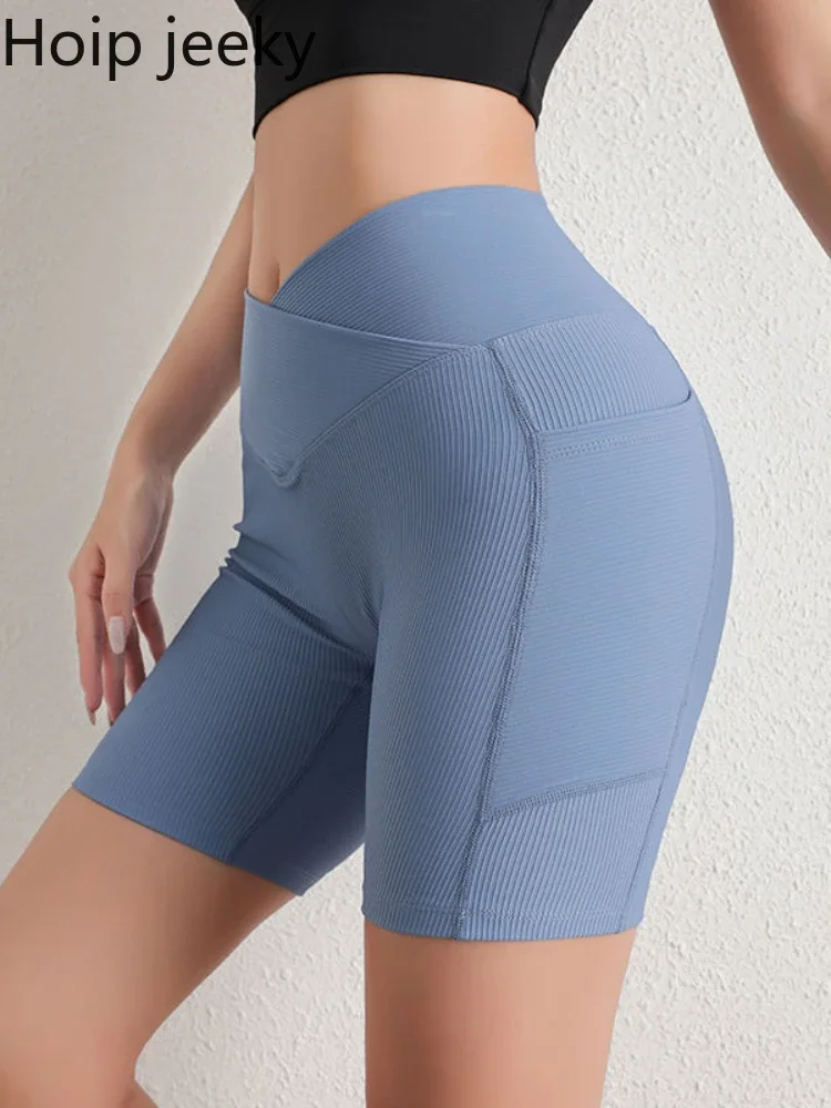 Hoip Jeeky Women Cycling Shorts Seamless Ribbed Pocket Cross Waist Fashion Shorts Push Up Green Running Sports Fitness