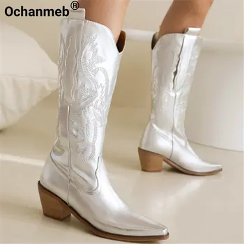 Ochanmeb Big Size 46 Women Knee-high Western Boots Silver Gold Slip-on Embroider Cowboy Boot Cowgirl Metallic Red Pink Blue Shoe 1