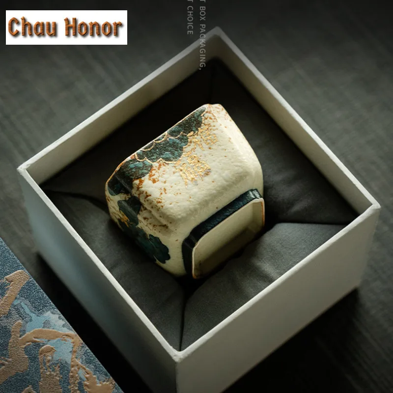 90ml Handmade Gold Drawing Auspicious Clouds Teacup Blue And White Flint Red Master Cup Square Meditation Cup Taste Chazhan Gift