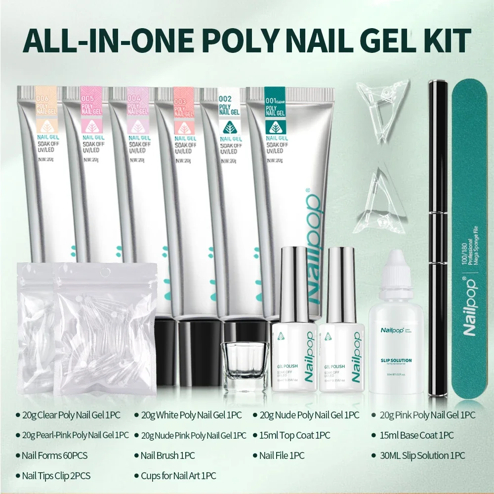 Nailpop Poly Nail Extension Gel Kit 6 Colors Pink White Nude Tips Gel Clear Nail Art Kit with Brush and Slip Solution Nail Salon 6