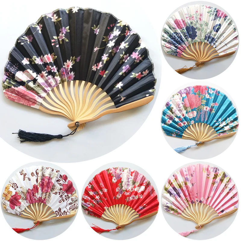 Hand Fold Fan Bamboo Wood Silk Flower Japanese Chinese Wedding Decorate Home Gift