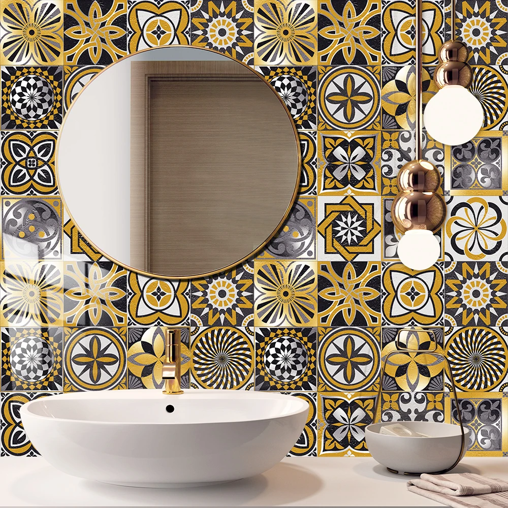 16pcssetGoldBlackCeramicsTilesWallStickerKitchenBathroom