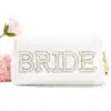 Bride Makeup Bag Cosmetic Bag PU Leather Toiletry Bag Pearl Rhinestone Letter Patches Bling Bride Gifts Zipper Purse Travel Orga 1