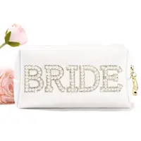 Bride Makeup Bag Cosmetic Bag PU Leather Toiletry Bag Pearl Rhinestone Letter Patches Bling Bride Gifts Zipper Purse Travel Orga 1