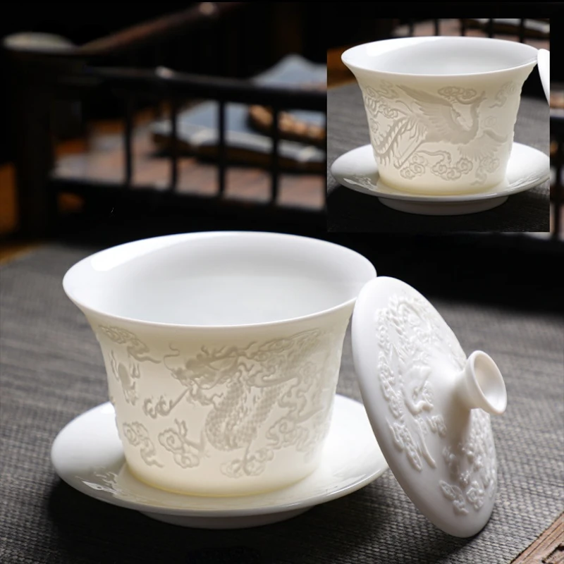 White porcelain gaiwan Ceramic Dragon and Phoenix Presentation Handmade double-sided Kung Fu Drinkware 160ml tea set