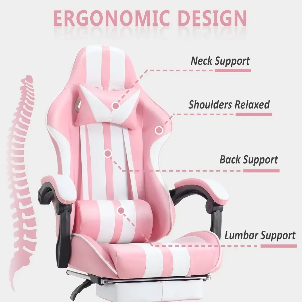 Pink Gaming Chairs with Footrest,Computer Game Chair,Massage Gaming Chairs,Christmas,Xmas Gift,PC Gaming Chairs 4