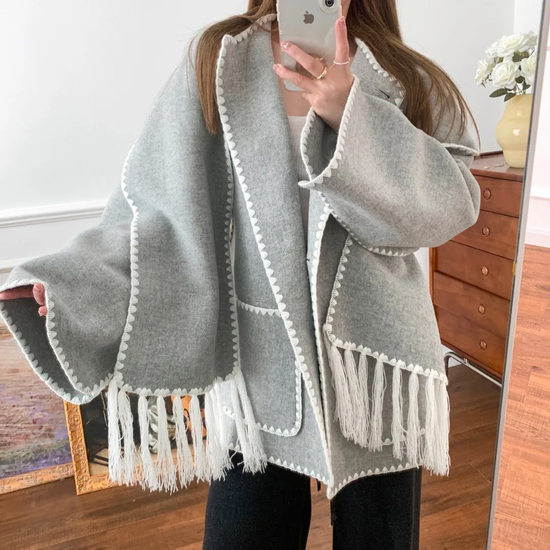 S84e74cb8bed544eca2d9ff5022aedc09z Women Fringe Scarf Collar Coat Double-sided Woollen Single Breasted Autumn Winter, Loose Embroidery Trim Female Casual Jacket Mallzona