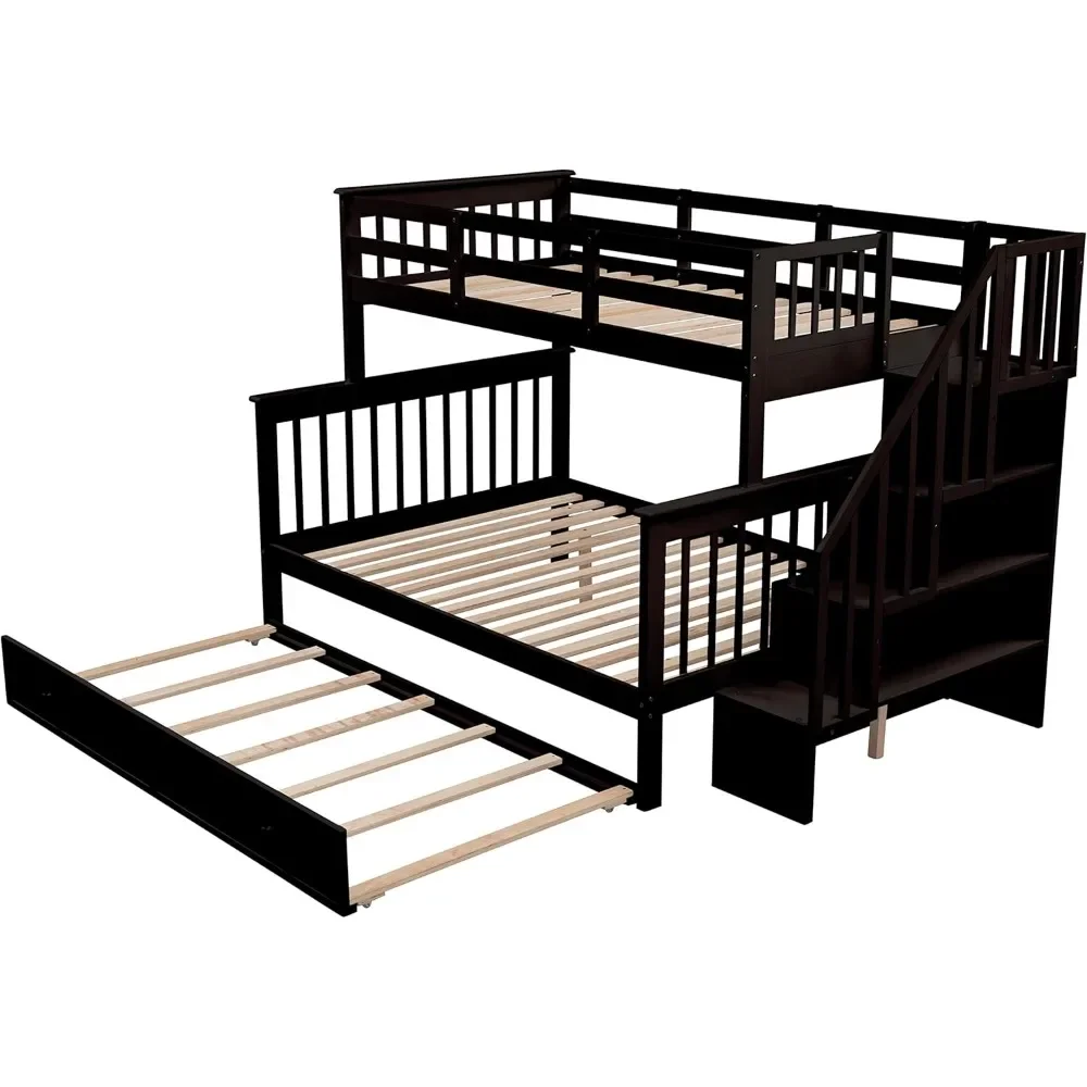 Twin Over Full Bunk Bed with Twin Size Trundle,Wooden Bunk Bed with Stairway,Storage and Guard Rail for Kids, Bunk Children Bed 4