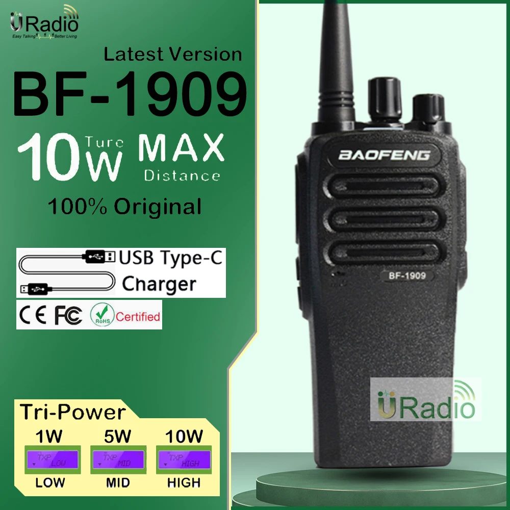 Baofeng Bf-1909 Walkie Talkie Tipo C Ricarica Fm Radio Bidirezionale 10W Trasmettitore A Lungo Raggio Bf888S Uv-5R Uv-82 Uv-16Plus Aggiornamento