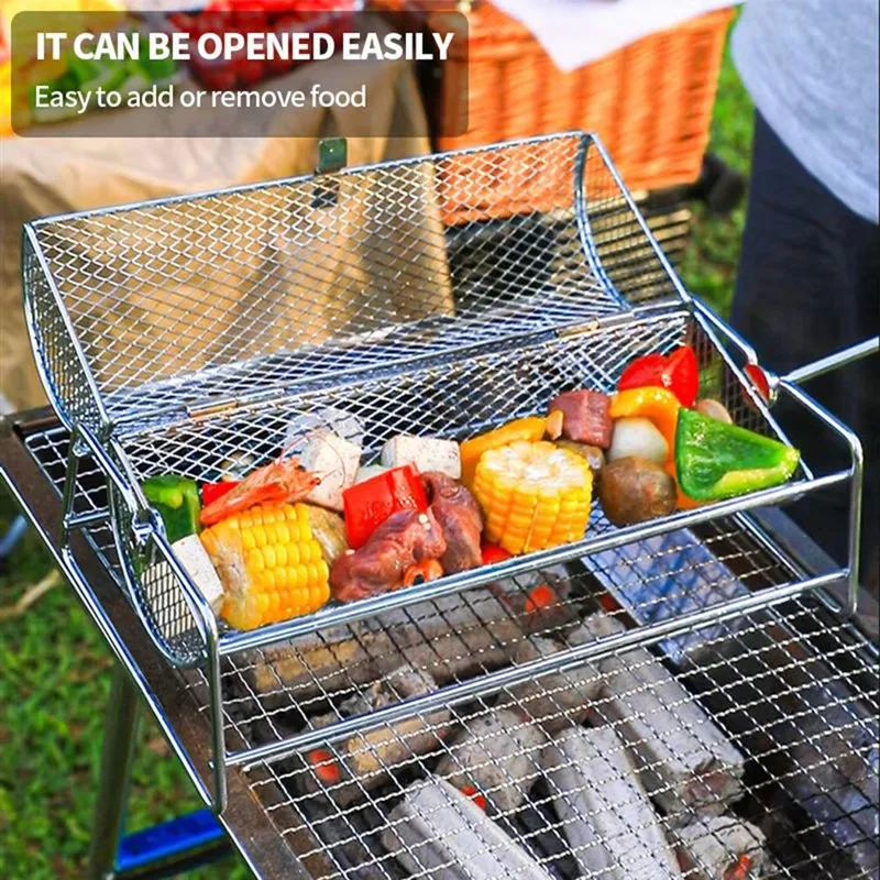 Stainless Steel BBQ Grill Basket Rotisserie Rolling Mesh Cage For Roasting Barbecue Grill Accessory For Even Cooking