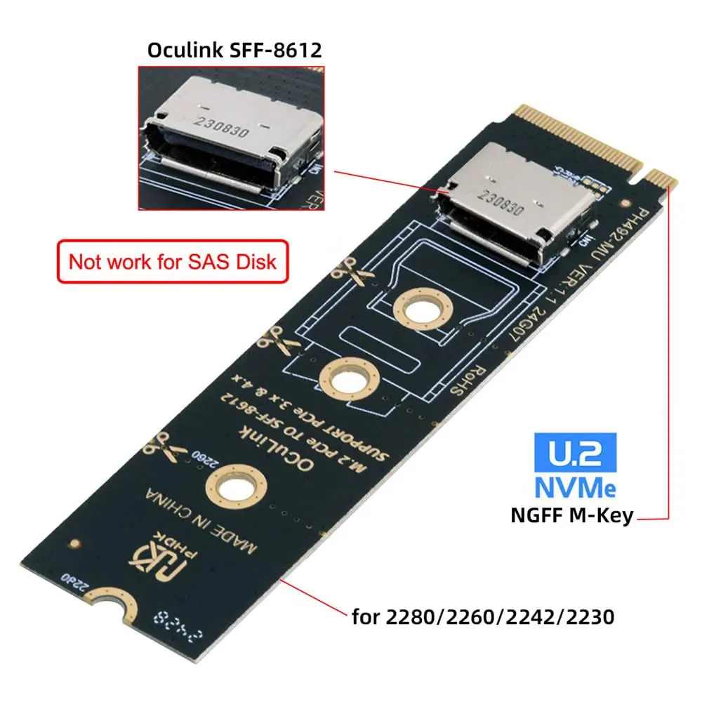 SFF-8612 to PCI-E 4.0 NVME M.2 M-Key Oculink Host Adapter Support 2230/2242/2280 SFF-8612 U.2 SSD & eGPU