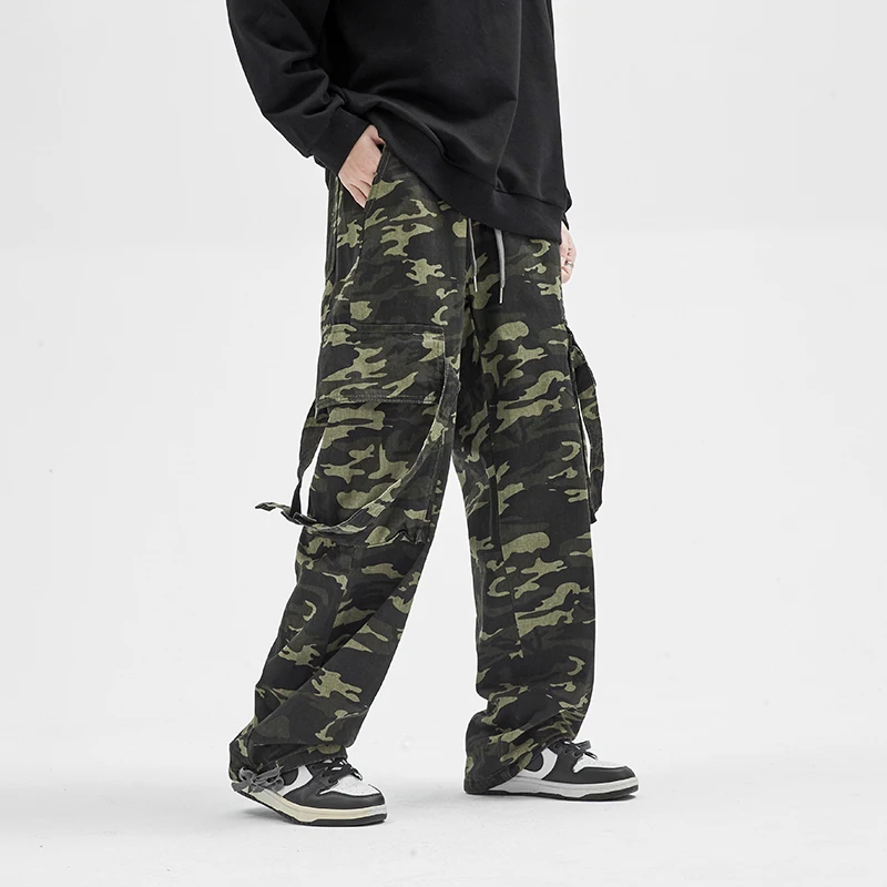 

2022 Men Cotton camouflage Cargo Pants Harajuku Style Straight Casual Pants Men Big Pockets Loose Wide Leg Design Trousers S-XL