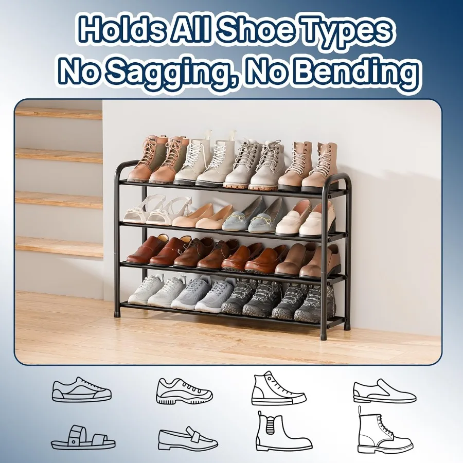 Expandable Shoe Rack 4 Tier Adjustable Shoe Organizer Shelf for Closet Black Metal Free Standing Shoe Rack Storage for Small Sp