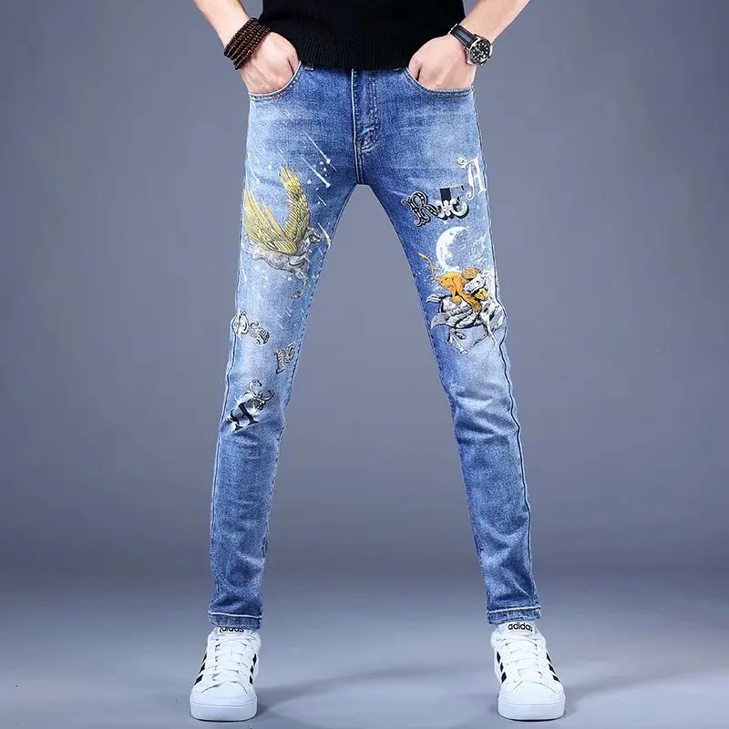 

High Quality Men’s Slim-fit Stretch Blue Denim Pants,Trendy Printing Decors Casual Pants, Stylish Sexy Street Jeans Pants;