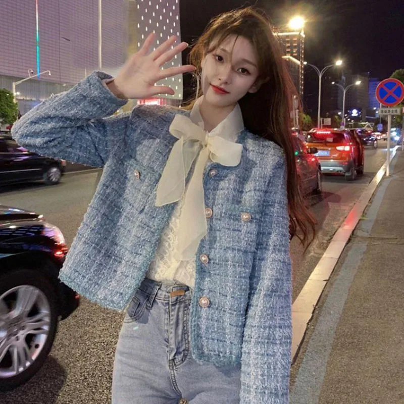 

Women Sweet Cropped Jacket Korean Fashion Round Neck Plaid Pink Coat All-Match Spring Autumn Luxury Coat Single Breasted Outwear