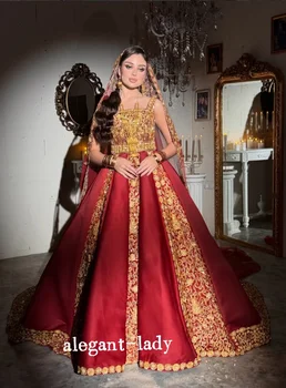 Splendido Abito da Sposa Arabo Rosso Personalizzato, Vestito Nuziale Marocchino con Ampia Stampa Dorata, Gonna Ampia, Abito per Serata di Henna e Fidanzamento