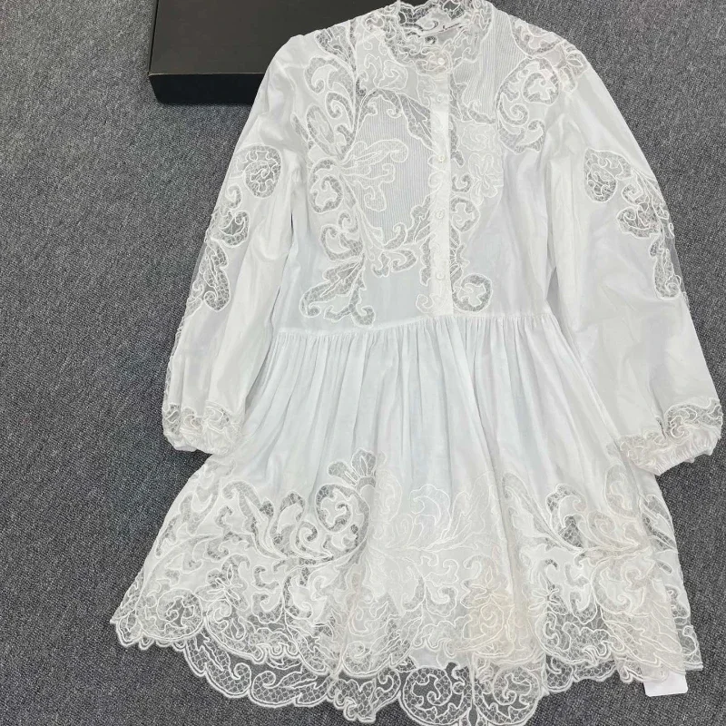 

Vintage White See Through Embroidery Lace Patchwork Long Sleeve Pleated Cotton Mini Dress