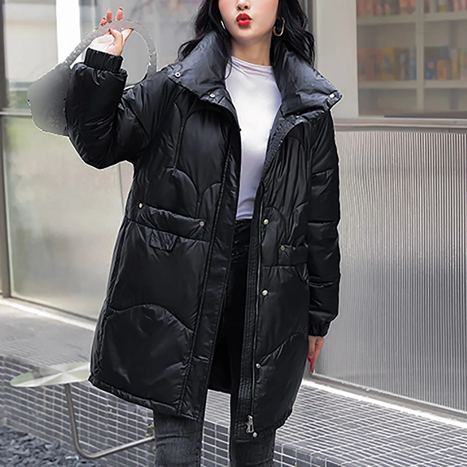 

2023 Winter Fashion New Mid-Length Stand Collar Parka Solid Color Slim Warm Cotton-Padded Clothe Coat Korean Casual Women Jacket